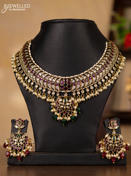 Antique guttapusalu necklace floral design in multicolor kemp stones and pearl hangings