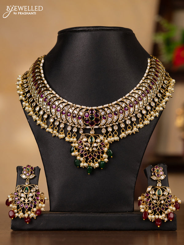 Antique guttapusalu necklace floral design in multicolor kemp stones and pearl hangings