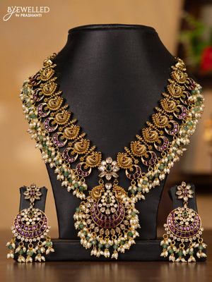 Antique guttapusalu necklace floral & double peacock design in multicolor kemp stones and pearl hangings