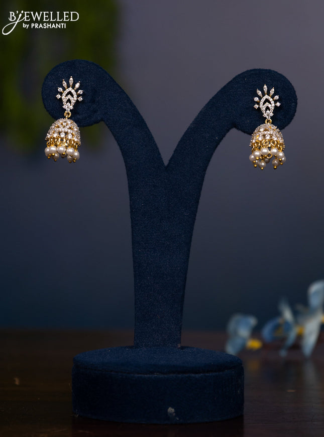 Zircon jhumka with cz stones and pearl hangings