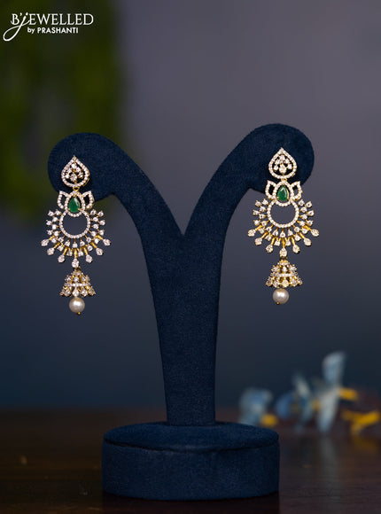 Zircon jhumka with emerald & cz stones and pearl hanging