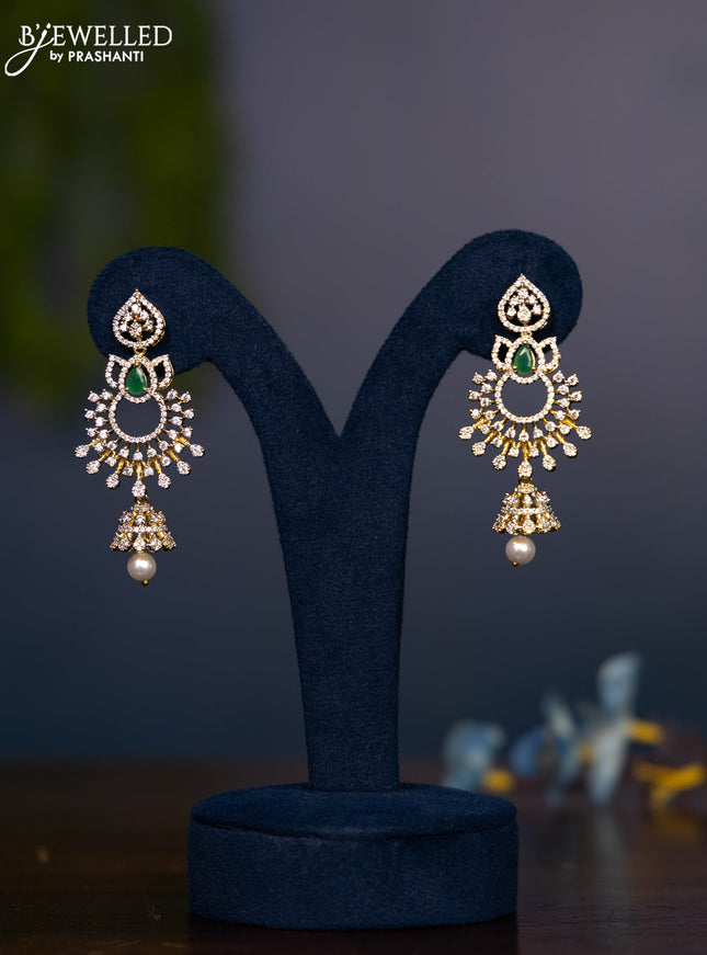 Zircon jhumka with emerald & cz stones and pearl hanging