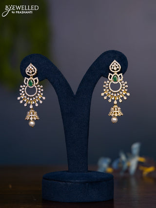 Zircon jhumka with emerald & cz stones and pearl hanging