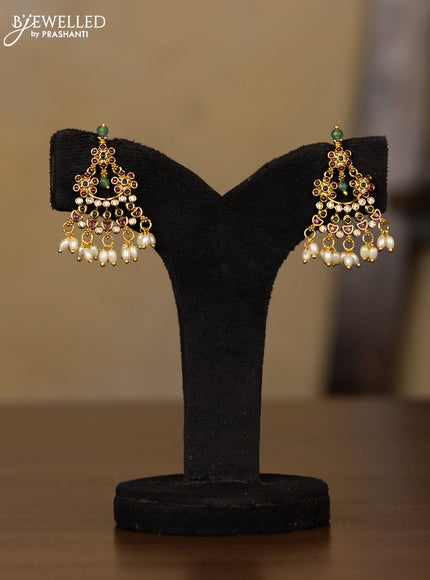 Antique Guttapusalu Haaram with floral design in multicolor kemp stones and rice pearl hangings