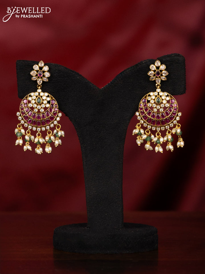 Antique guttapusalu haaram peacock and chandbali design in multicolor kemp stones and rice pearl hangings