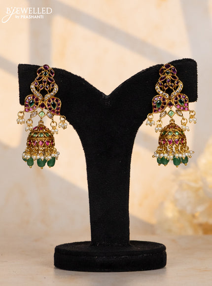 Antique jhumkas double peacock design with kemp and cz stones in pearl & green beads hangings