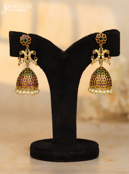 Antique jhumkas peacock design with kemp and cz stones in pearl hangings