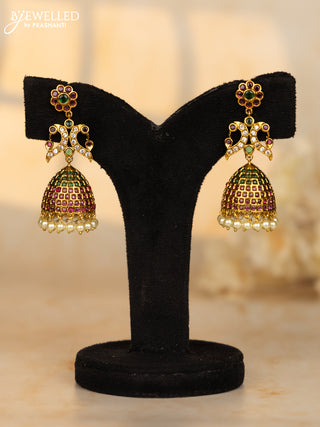 Antique jhumkas peacock design with kemp and cz stones in pearl hangings