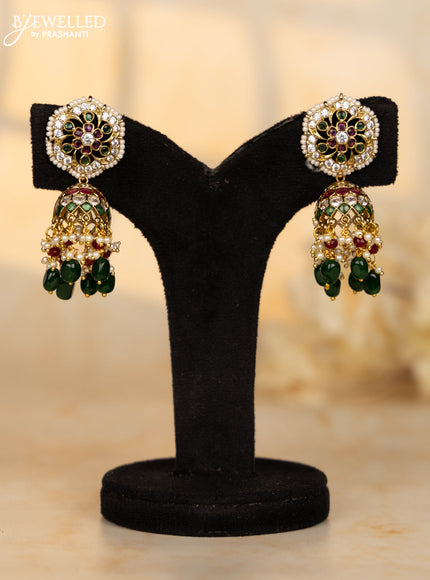 Antique jhumkas with kemp and cz stones in pearl & green beads hangings