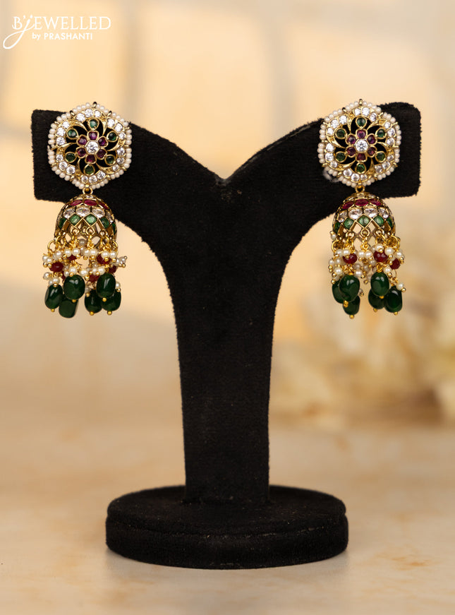Antique jhumkas with kemp and cz stones in pearl & green beads hangings