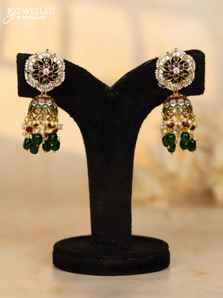 Antique jhumkas with kemp and cz stones in pearl & green beads hangings