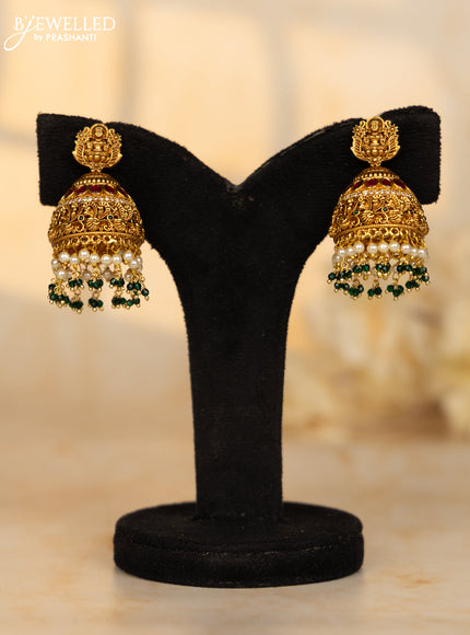 Antique big size jhumkas lakshmi design with kemp and cz stones in pearl hangings