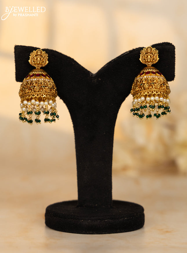 Antique big size jhumkas lakshmi design with kemp and cz stones in pearl hangings