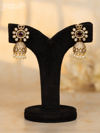 Antique jhumkas with ruby and kundan cz stones in pearl hangings
