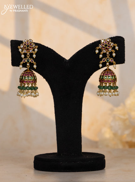 Antique jhumkas with kemp and cz stones in pearl & green beads hangings