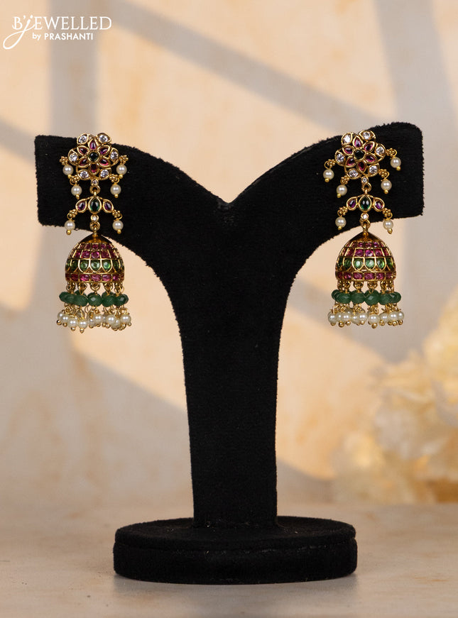 Antique jhumkas with kemp and cz stones in pearl & green beads hangings