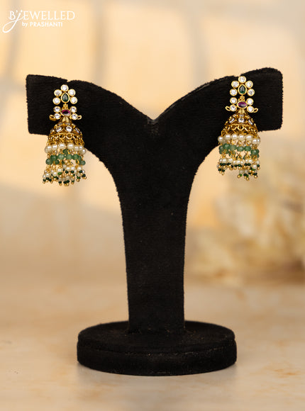 Antique jhumkas with kemp and cz stones in pearl & mint green beads hangings