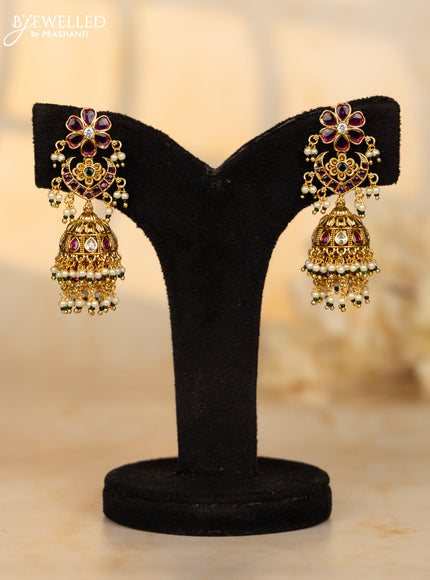 Antique double layer jhumkas floral design with kemp & cz stones in pearl hangings