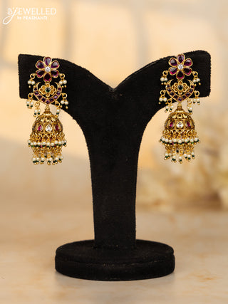 Antique double layer jhumkas floral design with kemp & cz stones in pearl hangings