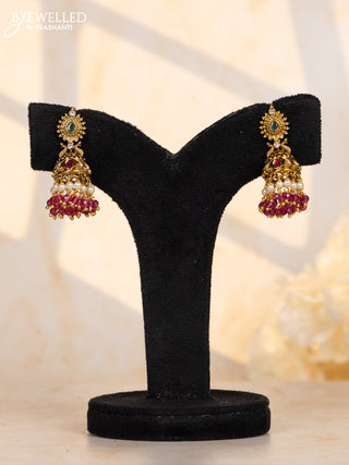 Antique jhumkas with kemp and cz stones in pink beads hangings