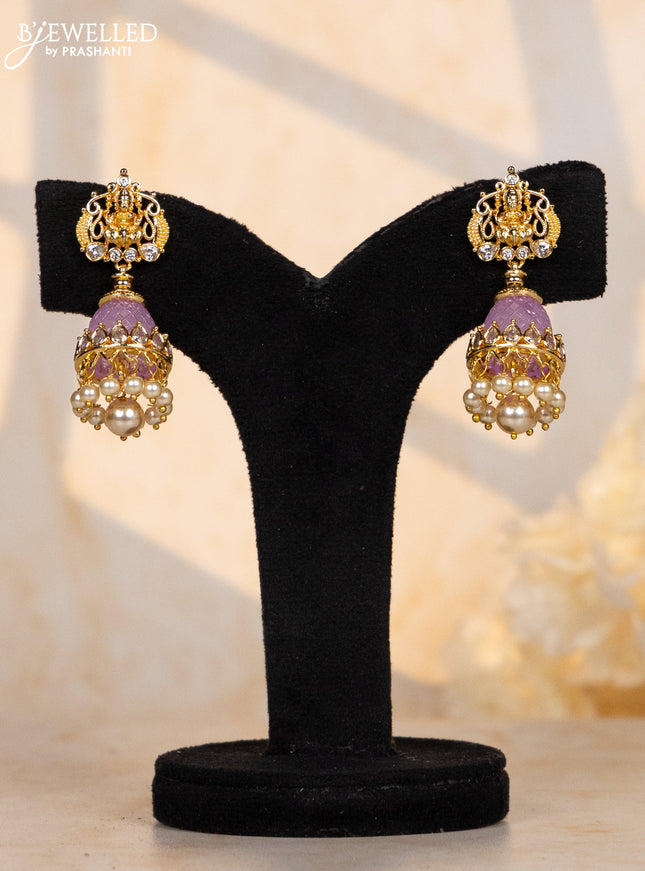 Antique multicolour changable jhumkas with lakshmi design and cz stones in pearl hangings