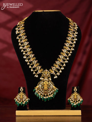 Antique guttapusalu haaram with lakshmi design in kemp stones and rice pearl hanging