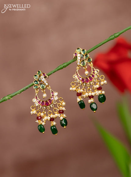 Antique earrings chandbali design with kemp & cz stones in pearl & green beads hanging