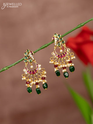 Antique earrings chandbali design with kemp & cz stones in pearl & green beads hanging