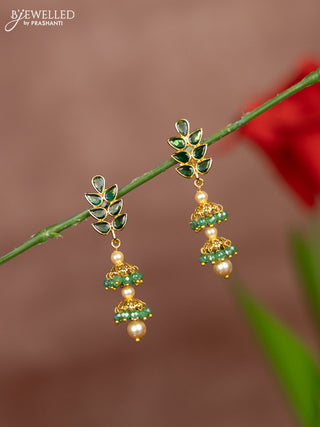 Antique earrings with emerald stones and pearl & mint green beads hangings