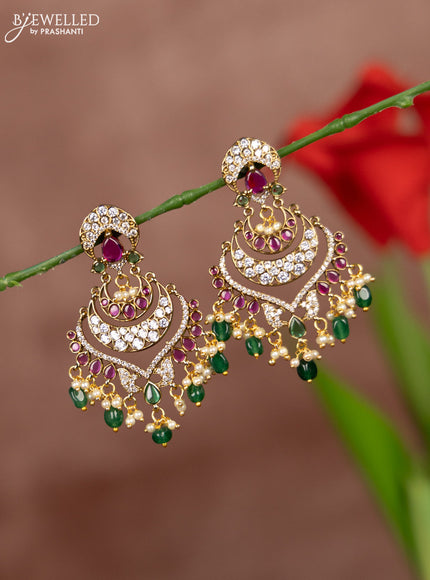 Antique earrings with kemp and cz stones in pearl & green beads hangings