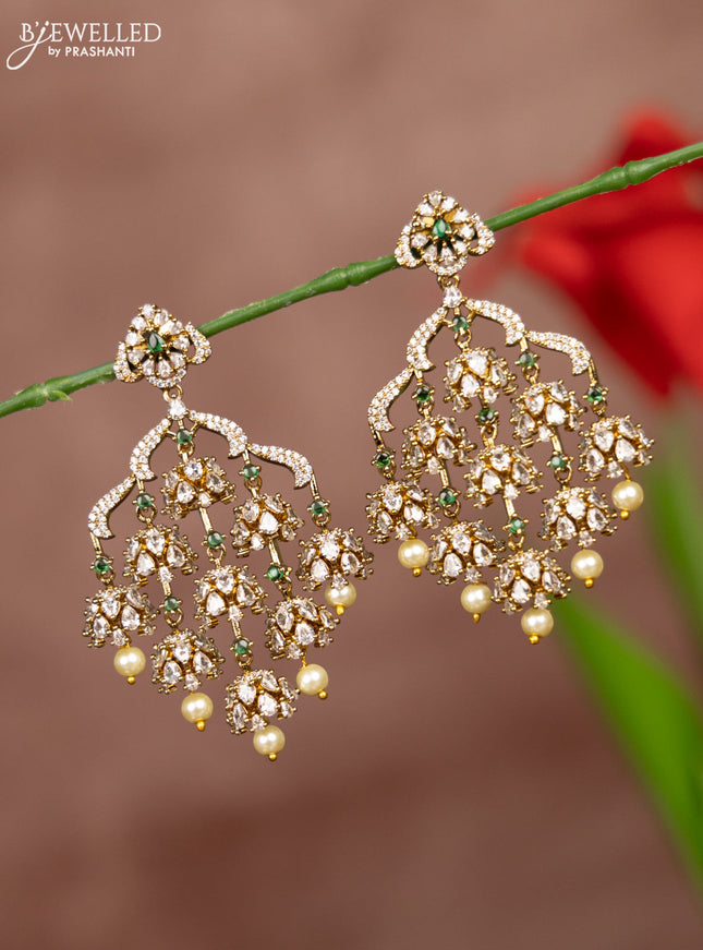 Antique earrings with emerald and cz stones in pearl hangings