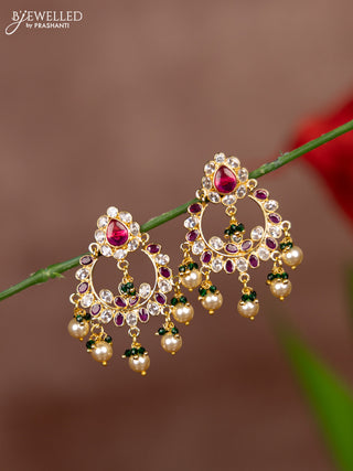 Antique earrings with pink kemp and kundan stones in pearl hangings