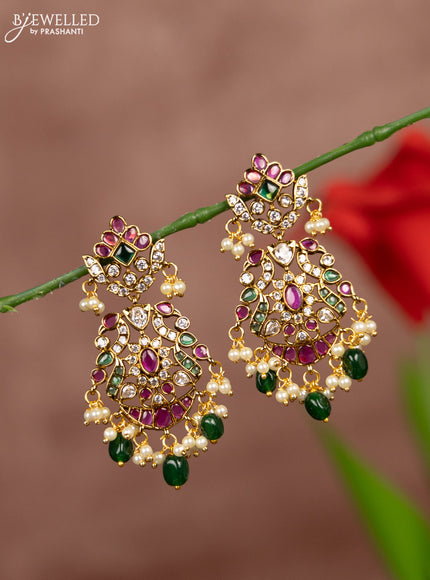 Antique earrings with kemp and cz stones in pearl & green beads hangings