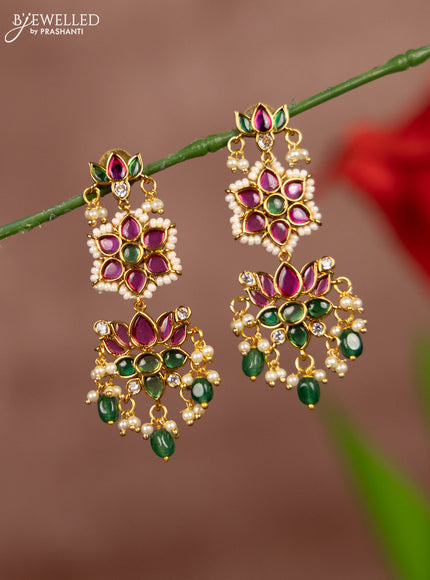 Antique earrings lotus design with kemp stones in pearl & green beads hangings