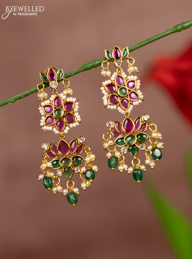 Antique earrings lotus design with kemp stones in pearl & green beads hangings