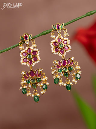 Antique earrings lotus design with kemp stones in pearl & green beads hangings