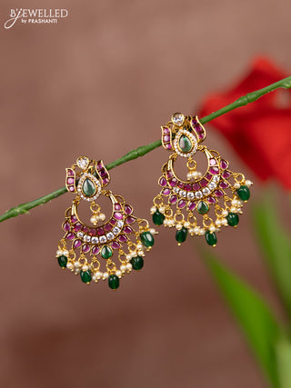 Antique earrings with kemp & cz stones in pearl & green beads hangings