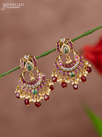 Antique earrings with pink kemp & cz stones in pearl & pink beads hangings
