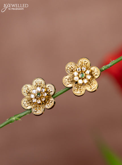 Antique earrings lakshmi design with green kemp and cz stones