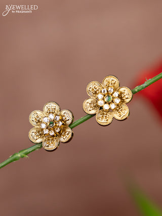 Antique earrings lakshmi design with green kemp and cz stones