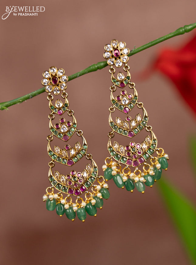 Antique earrings with kemp and cz stones in pearl & mint green beads hangings