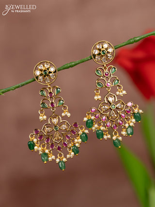 Antique earrings with kemp and kundan stones in pearl & green beads hangings
