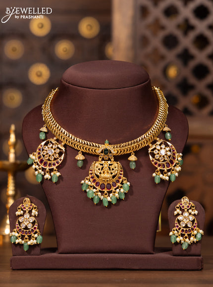Antique necklace in jelabi model chain with chandbali pendants in multicolor kemp stones and pearl hanging