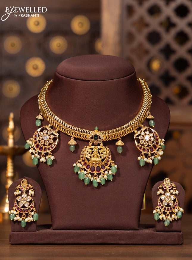 Antique necklace in jelabi model chain with chandbali pendants in multicolor kemp stones and pearl hanging