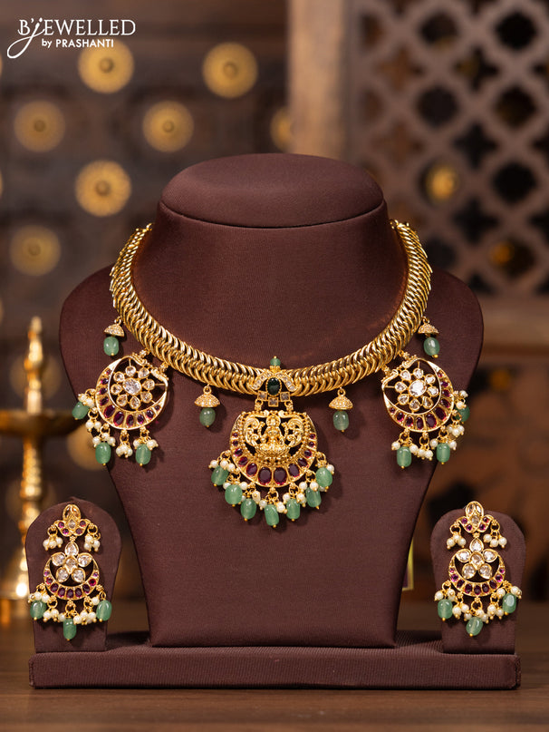 Antique necklace in jelabi model chain with chandbali pendants in multicolor kemp stones and pearl hanging