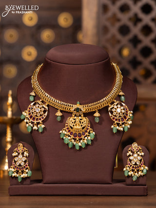 Antique necklace in jelabi model chain with chandbali pendants in multicolor kemp stones and pearl hanging