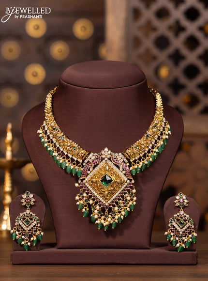 Antique necklace in double peacock deisgnin multicolor kemp stones and green beads hanging