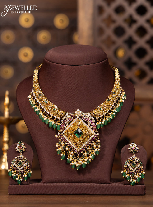Antique necklace in double peacock deisgnin multicolor kemp stones and green beads hanging