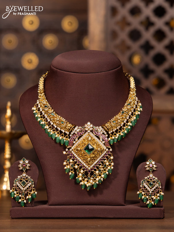Antique necklace in double peacock deisgnin multicolor kemp stones and green beads hanging