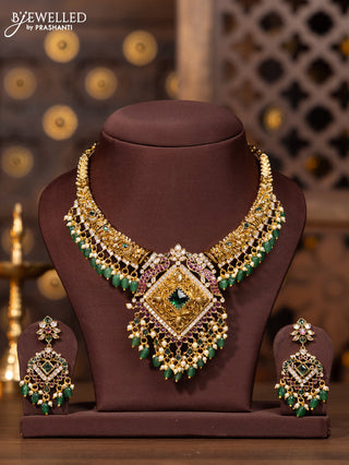 Antique necklace in double peacock deisgnin multicolor kemp stones and green beads hanging